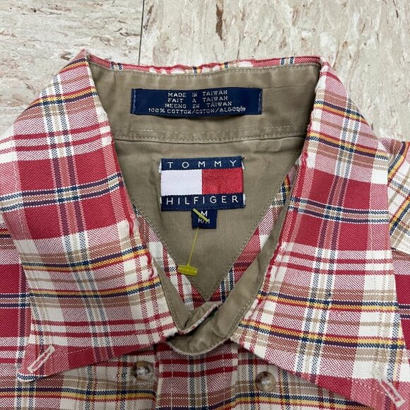Vintage Tommy Hilfiger 90s Plaid Oxford Button Down Red/Tan Shirt Men's Medium - Picture 4 of 8